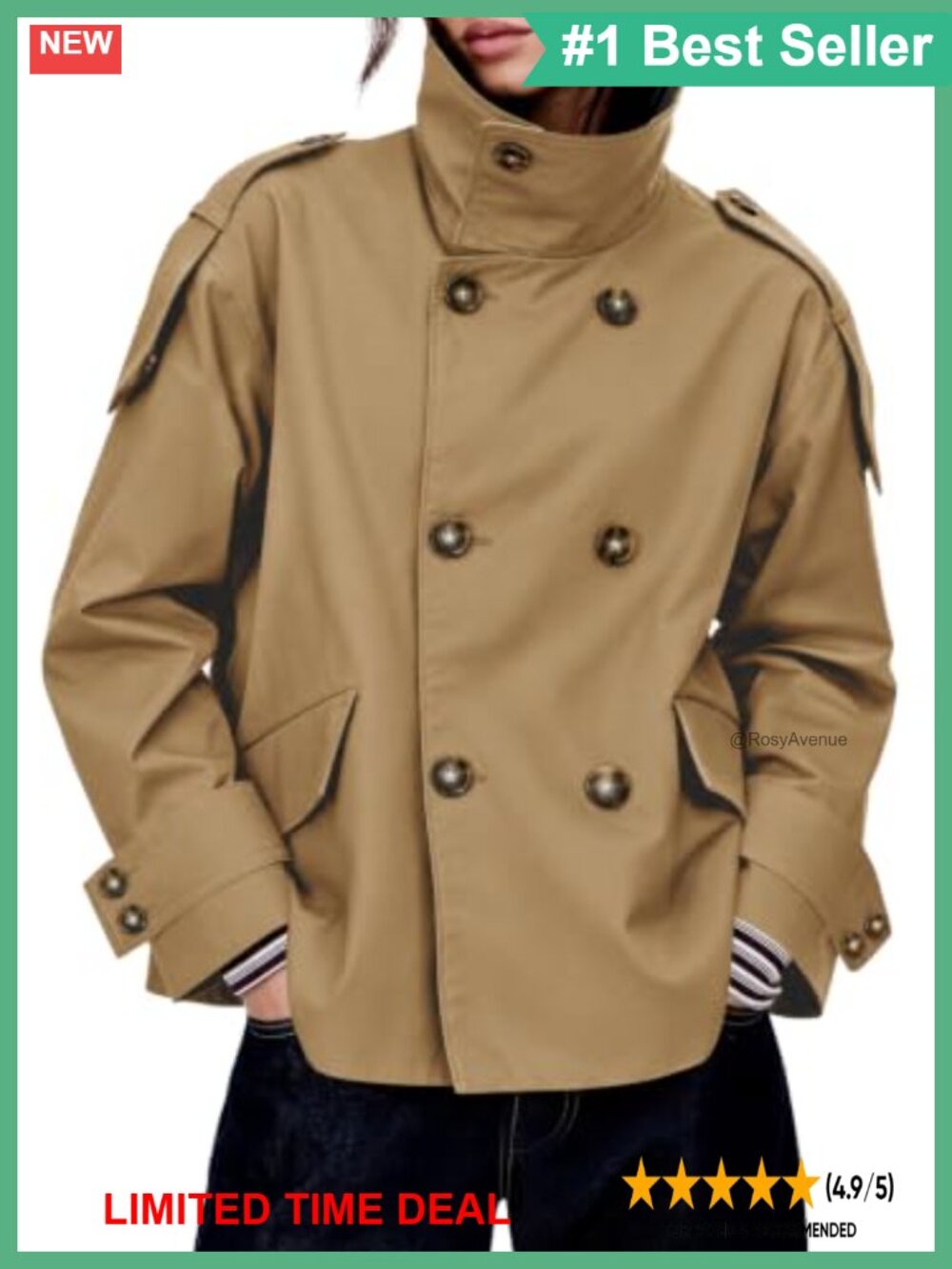 Cropped Trench Coat Oversized Double Breasted Windproof Relaxed Fit Women's